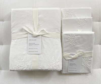 Pottery Barn HEIRLOOM EMBROIDERED Duvet King/Cal King & 3 Euro Shams ~White~ NWT-image