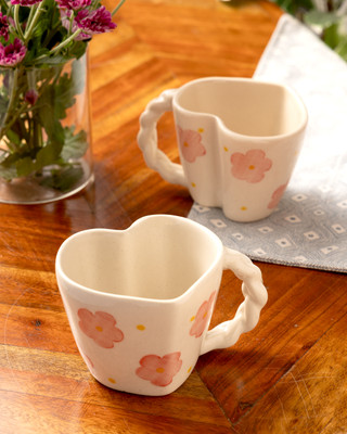 Handmade Studio Pottery Heart-Shaped Mug Braided Handle Pink Flower Motif 2Mugs-image