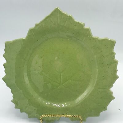 Studio Art Green Leaf Shaped Pottery Plate Made in France-image