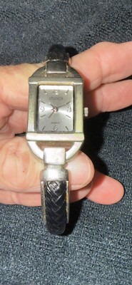 Studio Time STD2582 Women’s Silver Toned Black Faux Leather Hinge Cuff Watch-image