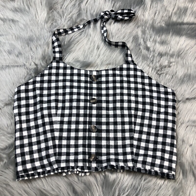 DIP Black White Checkered Smocked Halter Crop Top Large Linen Cotton-image
