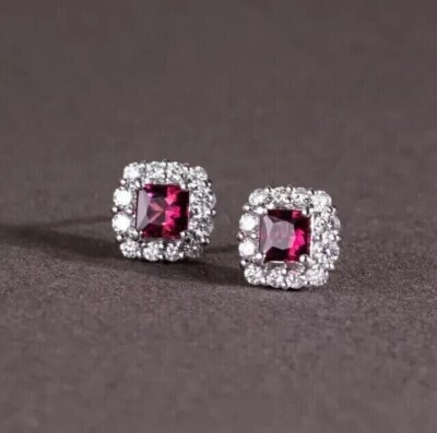 Cushion Simulated Pink Ruby Women's Pretty Stud Earring In 14k White Gold Plated-image