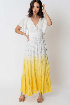 En Creme Flutter Sleeve Dip Dye Maxi Dress-image