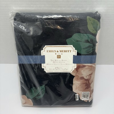 Pottery Barn Teen Emily & Meritt Bed of Roses Full/Queen Duvet Black & Blush NEW-image