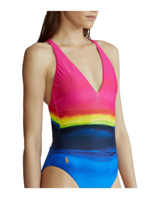 POLO Ralph Lauren Womens Blue Dip Tie Dye One Piece Bodysuit Swimsuit US Size XL-image