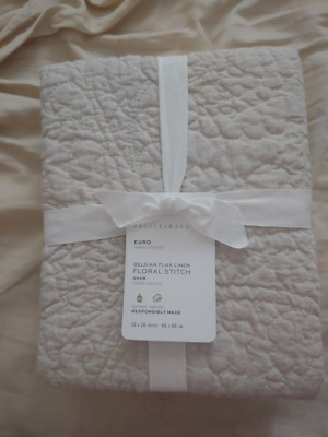 pottery barn BELGIAN FLAX LINEN 1 euro Floral Stitch Quilted sham new flax-image
