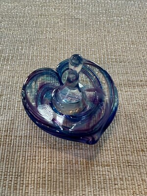 Purple & Blue Glass Eye Art Studio Hand-Blown Glass Heart Base Ring Holder 3”-image
