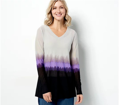 LOGO Layers Lori Goldstein Dip-Dye Sheer Mesh V-Nck Top-Cloud Gray-Large-A474461-image