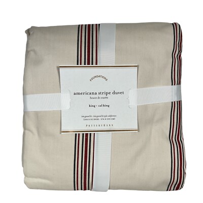 Pottery Barn Americana Stripe King Cal King Duvet Red Patriotic Striped 108X92-image