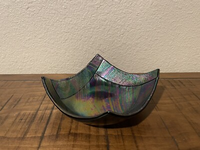 Vintage Iridescent Black Glass Handkerchief Bowl Signed *Beautiful*-image