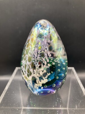GES Glass Eye Studio Egg Shaped Iridescent Blue Paperweight Signed 1995-image