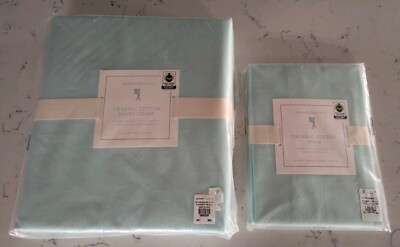 Pottery Barn Kids Organic Cotton Twin Duvet Cover & Standard Sham Aqua New-image
