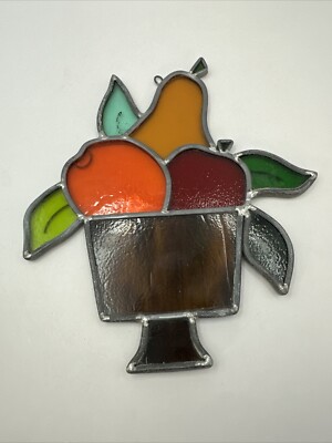 Stained Leaded Glass Fruit Basket Hanging Decor Sun Catcher Hand Crafted Vintage-image
