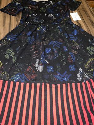 Lularoe Amelia Pleated Dress 🦄 Tribal Stripes Dip Blue/Red Large 14/16 12/14 L-image
