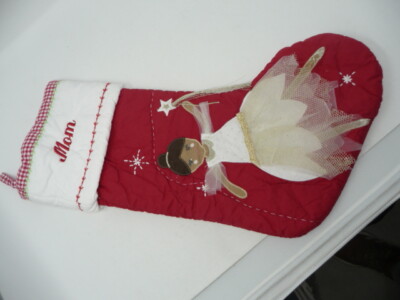  Pottery Barn Quilted Gingham Dancer Dark Skin Christmas STOCKING MONO Mom-image