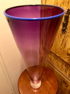 20” Gorgeous Studio Art Glass Trumpet Vase Deep Purple Blue Rim Signed-image