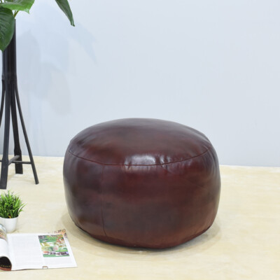 BBH HOMES HANDMADE ECO-FRIENDLY ROUND SHAPED STUFFED BUFFALO LEATHER CHERRY POUF-image
