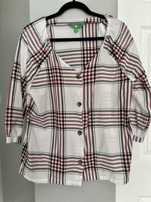 Dip Women’s Top White Plaid Blue/Red Buttons 3/4 Sleeve L 100%Cotton Ruffles -image