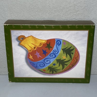 Large Christmas Ornament Holiday Party Tray Chip Dip Hand Painted Ceramic Server-image