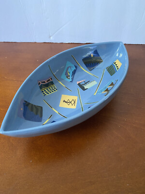 Pottery Decorative Bowl Canoe Shaped Approx 9” x 4-1/2” Glazed 1999-image