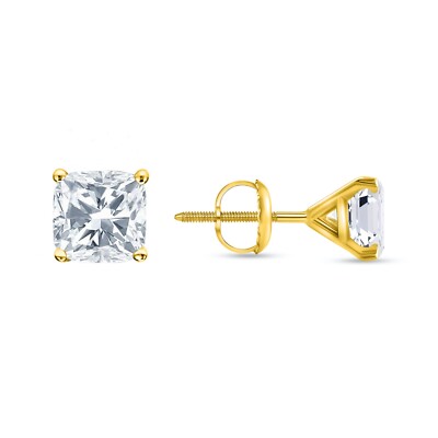 3 Ct Cushion Created Diamond Real 14K Yellow Gold Earrings Studs Martini Screw-image