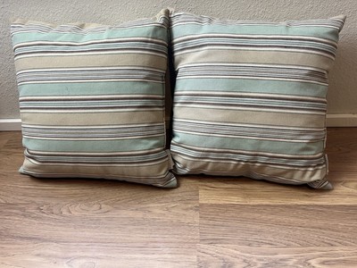 Pottery Barn Set 2 Throw Accent Pillows 18x18” Striped Sage Green And Beige-image