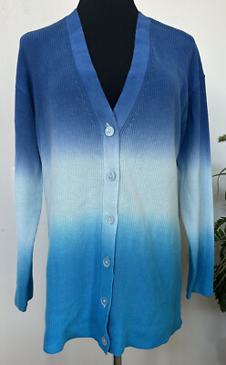 NWT TALBOTS Ombre Dip Dyed Cotton Blend Cardigan Sweater Blue Size Large, $119-image