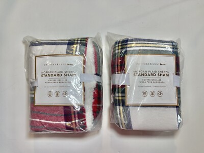(2) Pottery Barn MORGAN PLAID SHERPA STANDARD Flannel Shams *NEW* Christmas-image