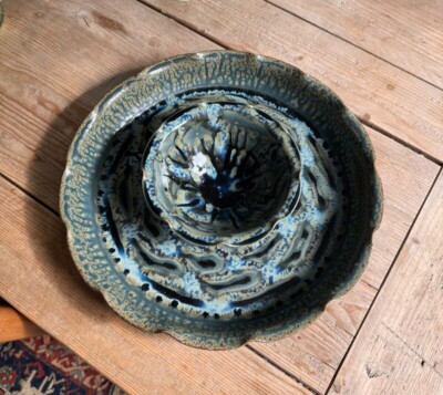 NEW Paul Ray Signed Pottery Seagrove NC Blue Drip Glaze Large Dip Chip 13