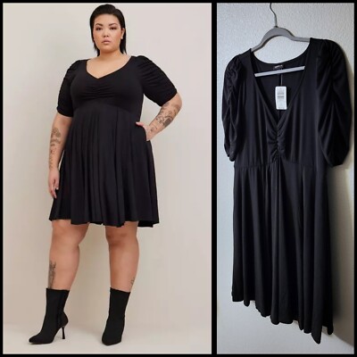 NWT! Torrid Black Mini Studio Knit Cinch Front Skater Dress - Sz 1 - Goth Witchy-image