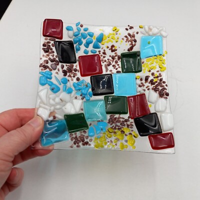 Hand Crafted Art Studio Fused Glass Abstract Mosaic Tile Trinket/Candy Dish 6x6
