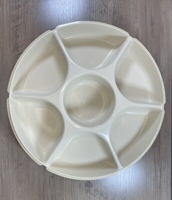Vtg Tupperware Divided Serving Veggie Tray 1665 Almond & Lid 1666 - No Dip Bowl-image