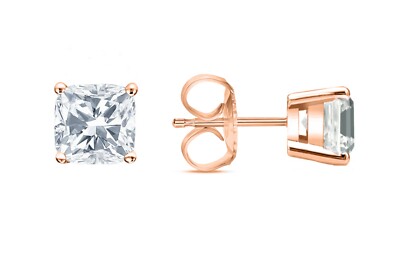 3 Ct Cushion Cut Created Diamond Earrings Studs Real 14K Rose Gold Basket Push-image