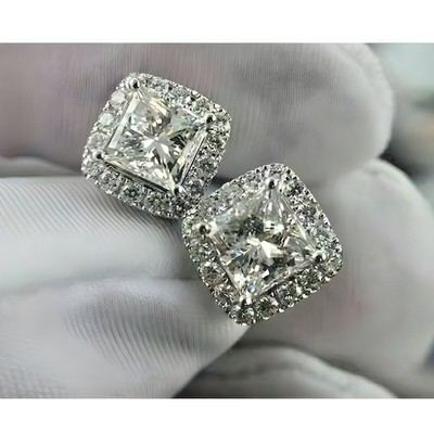 5CT Princess Cut Simulated Diamond Women Halo Stud Earrings 14K White Gold Over-image