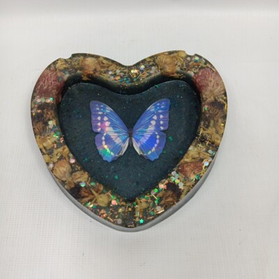 Resin Heart Shaped Blue Butterfly Trinket Dish 5 Slot Ashtray Bowl-image