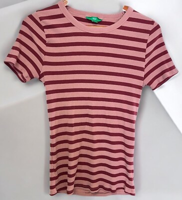 Pink Striped T Shirt Womens Size Large Cap Short Sleeve Dip Fitted Tee-image