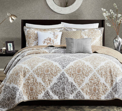 CLAIRE BOHO 6pc Queen QUILT SET : BROWN MEDALLION FALL FLORAL TAUPE LEAF DIAMOND-image