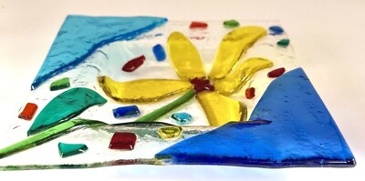 Fused Art Glass 3D Plate - Flower Daffodil Vintage 6x6 Excellent Condition-image
