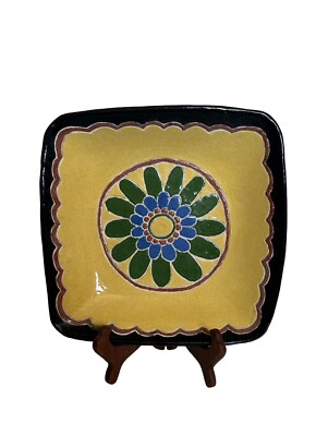 Studio Pottery Ceramic Square Trinket Key Nut Dish Yellow Handpainted 9”x9