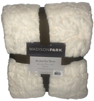 Madison Park IVORY WHITE Ultra Soft Ruched Faux Fur Throw Blanket 50 x 60 in-image