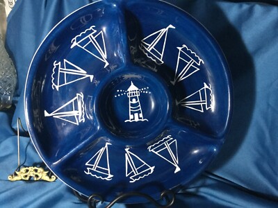 RARE! LARGE EDDIE BAUER home chip dip section PLATTER SERVING PLATE BLUE & WHITE-image