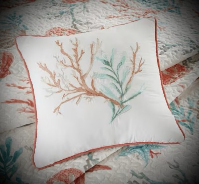 Madison Park Pebble Beach 18 X 18 Embroidered Coral Accent Pillow Teal Aqua-image