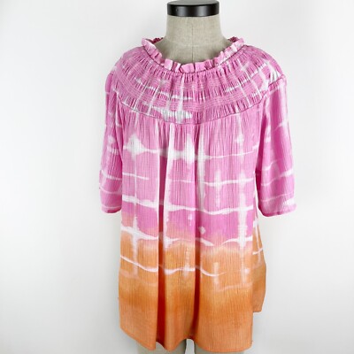 Zac & Rachel Blouse Womens XL Pink Orange Tie Dip Dye Boho Peasant Short Sleeve-image