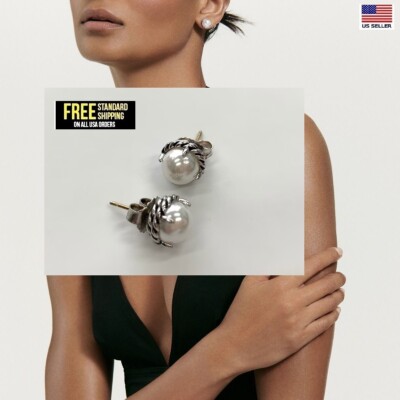 high quality Women's Chatelaine Stud Earrings with Pearl Sterling Silver plated-image