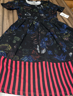 Lularoe Large Amelia Pleated Dress 🦄 L 14-16 Blue Floral Red Stripes Dip New-image
