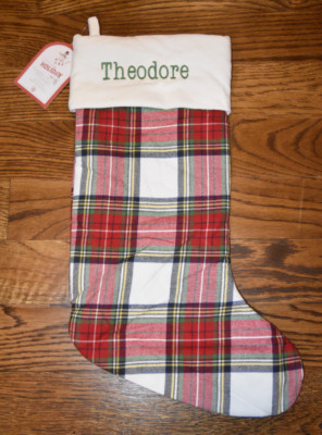 Pottery Barn Kids Classic Velvet Christmas Stocking Theodore Monogram PlaidNWT-image