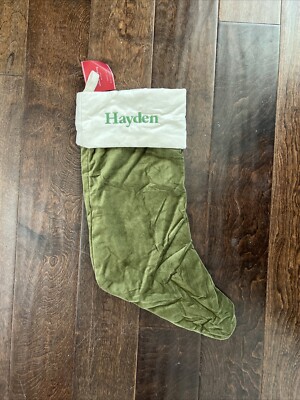 NWT Pottery Barn Classic Med Green Ivory Velvet Christmas Stocking Mono Hayden-image