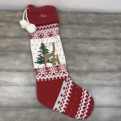 Pottery Barn Kids Reindeer Heirloom Knit Christmas Stocking Monogrammed “Mom”-image