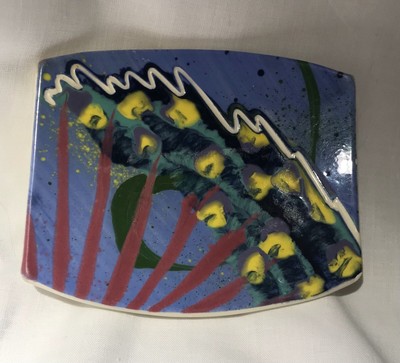 Signed Studio Art Pottery Multicolored Glazed Small Trinket Dish or Spoon Rest-image