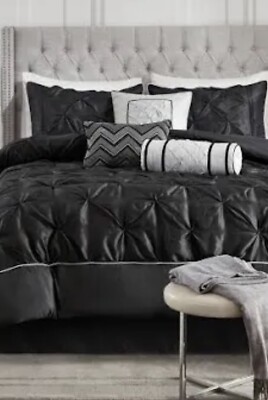  JCP MADISON PARK LAFAYETTE 7 PIECE COMFORTER CAL KING BLACK  SET 104